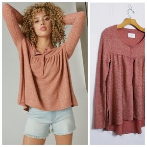 Lucky Brand Rust Babydoll Henley Top XS Split Neck Long Sleeve High Low Boho